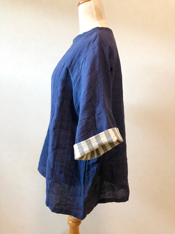 受注製作　国産リネンのお袖2wayプルオーバー　ネイビー 3枚目の画像