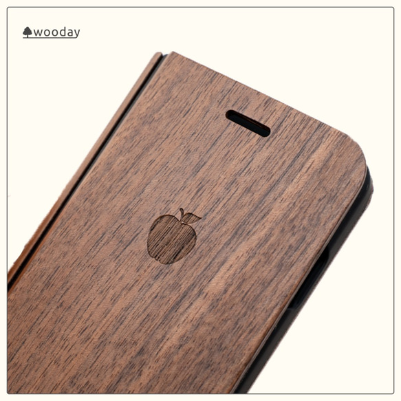 iPhone 天然木　手帳型　フルウッドケース　リンゴモデル　ウォールナット　(名入れ可+700円） 2枚目の画像