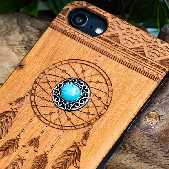 iPhone木製ケース ドリームキャッチャー チャーム付き (名入れ可+700円) 2枚目の画像