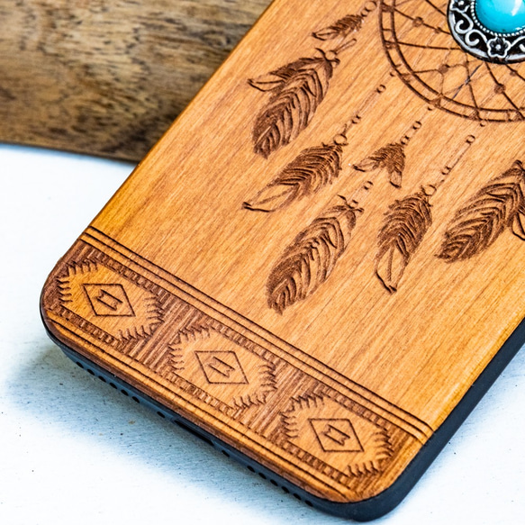 iPhone木製ケース ドリームキャッチャー チャーム付き (名入れ可+700円) 3枚目の画像