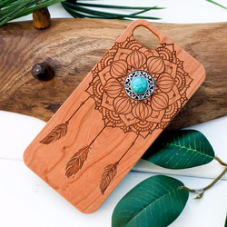 iPhone木製ケース　マンダラキャッチャー　チャーム付き（名入れ可+700円） 1枚目の画像
