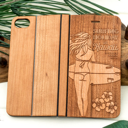 iPhone 天然木　手帳型　フルウッドケース　サーフガール3　(名入れ可+700円） 1枚目の画像