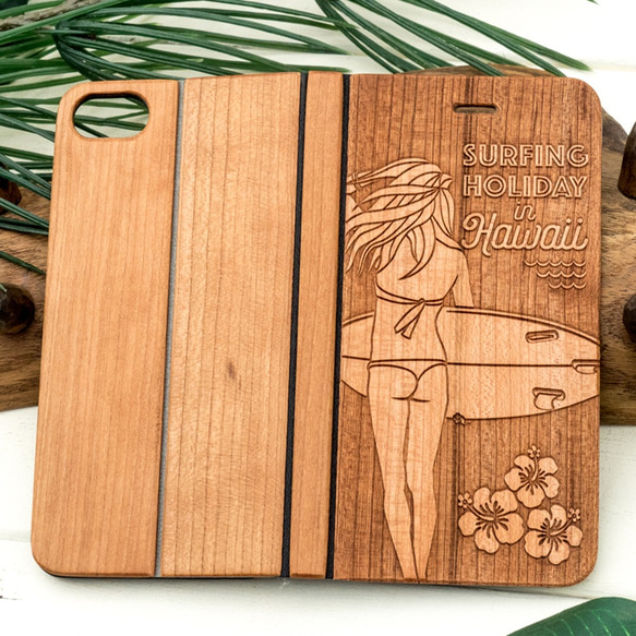 iPhone 天然木　手帳型　フルウッドケース　サーフガール3　(名入れ可+700円） 1枚目の画像