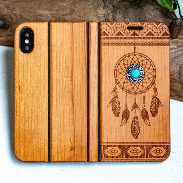 iPhone 天然木　手帳型　フルウッドケース　ドリームキャッチャー　(名入れ可+700円） 1枚目の画像