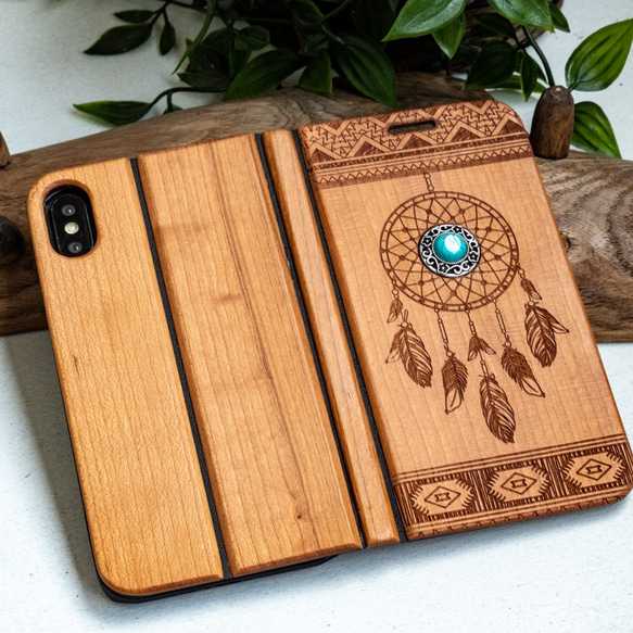 iPhone 天然木　手帳型　フルウッドケース　ドリームキャッチャー　(名入れ可+700円） 4枚目の画像