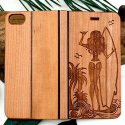 手帳型　天然木彫刻ケース　サーフガール6　(名入れ可+700円） 1枚目の画像