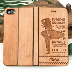 手帳型　天然木彫刻ケース　サーフガール　(名入れ可+700円） 1枚目の画像