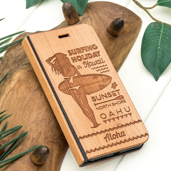 手帳型　天然木彫刻ケース　サーフガール　(名入れ可+700円） 4枚目の画像