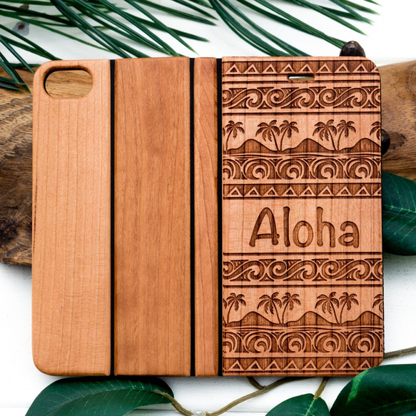 手帳型　天然木彫刻ケース　ハワイアン　トロピカル　(名入れ可+700円） 1枚目の画像