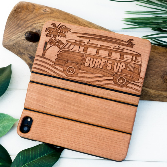 手帳型　天然木彫刻ケース　SURF'S UP　ハワイアン　(名入れ可+700円） 1枚目の画像