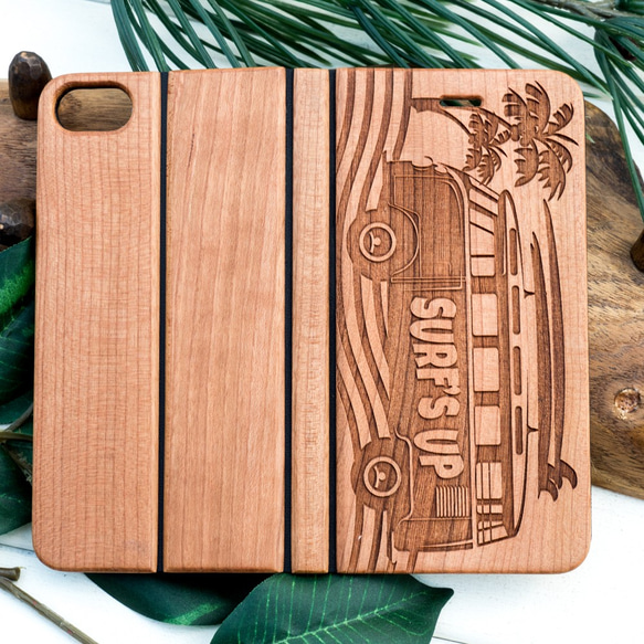 手帳型　天然木彫刻ケース　SURF'S UP　ハワイアン　(名入れ可+700円） 2枚目の画像