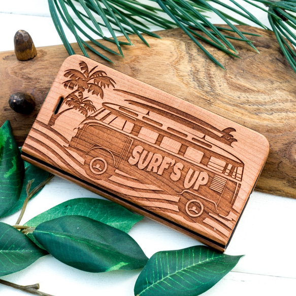 手帳型　天然木彫刻ケース　SURF'S UP　ハワイアン　(名入れ可+700円） 3枚目の画像