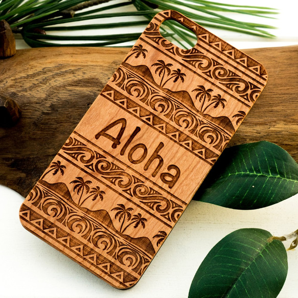 iPhone 天然木 彫刻ケース　トロピカル　(名入れ可+700円） 1枚目の画像