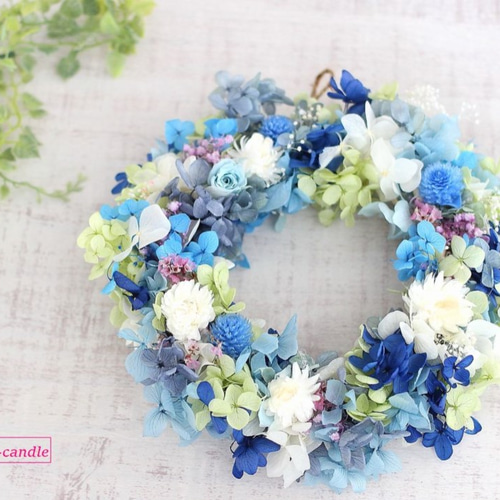 ふんわりフラワーリース（ブルーグリーン）＃02 ドライフラワー ゆめ