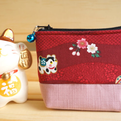 キャット・ドレイ20％オフ - 日本式小物綿財布 - ラッキーキャット - 赤/ピンクオレンジモデル 1枚目の画像