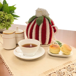 ティーポットカバー(ティーコゼー)&ポットマット(ホワイト×レッド
