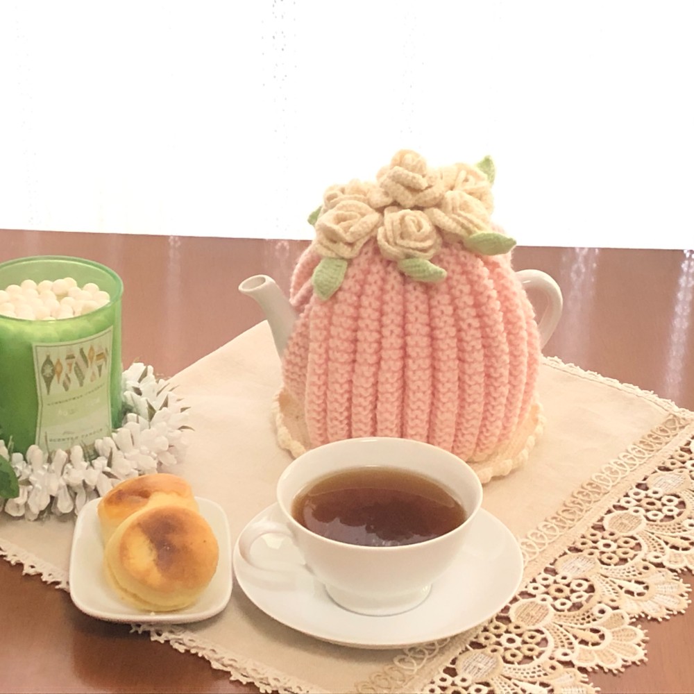 ティーポットカバー(ティーコゼー)&マット(ピンク×アイボリーライン