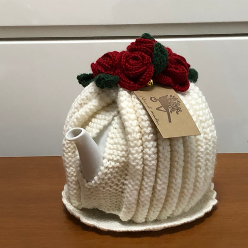 ティーポットカバー(ティーコゼー)&ポットマット(ホワイト×レッド