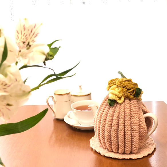 ティーポットカバー(ティーコゼー)&ポットマット(ピンクベージュ
