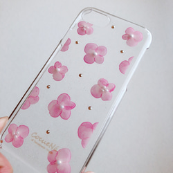 【送料無料・ネーム無料】紫陽花ピンクのiPhone押し花ケース 3枚目の画像