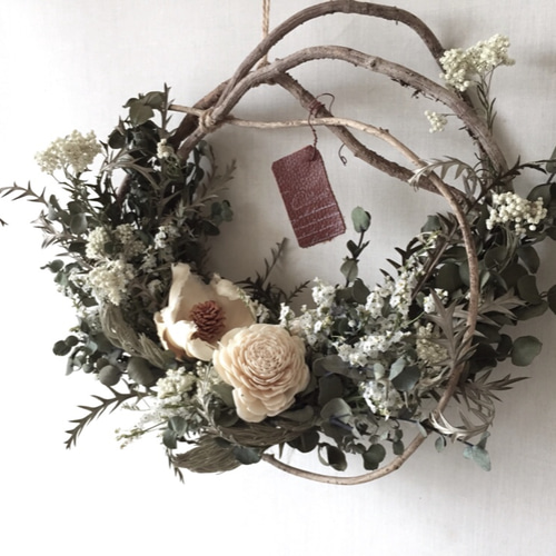 ドライフラワーリース　ミモザリース　ナチュラル　インテリア　バラ ドライフラワーのナチュラルリースミラー/置型も選べる/ボタニカル