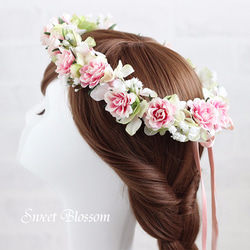 ピンクのミニバラの花冠 * ウエディングの髪飾り 1枚目の画像