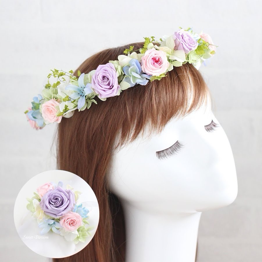 プリザーブドフラワーの花冠・リストレット2点セット