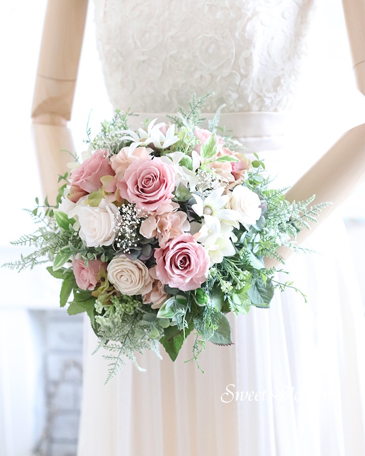 【オーダーメイド】プリザーブドフラワーのナチュラルブーケ・ブートニア・ヘッドパーツ3点セット