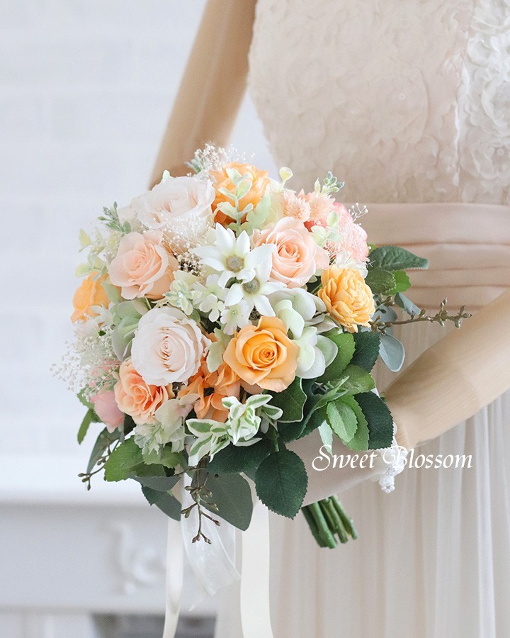 【オーダーメイド】プリザーブドフラワーのナチュラルブーケ・ブートニア・ヘッドパーツ3点セット