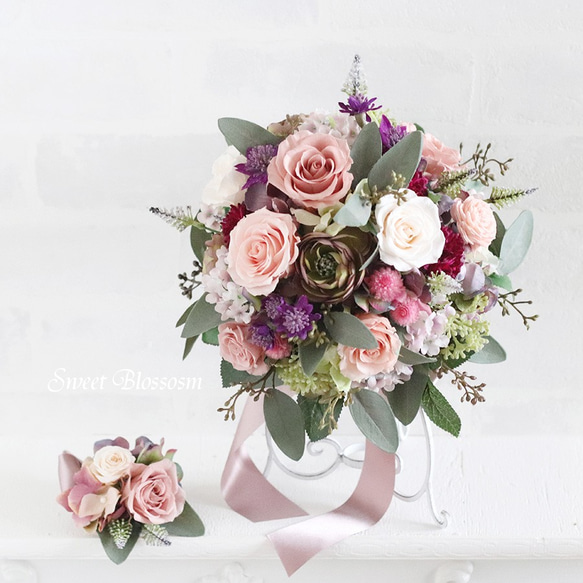 【オーダーメイド】プリザーブドフラワーのナチュラルブーケ＆ブートニア 造花