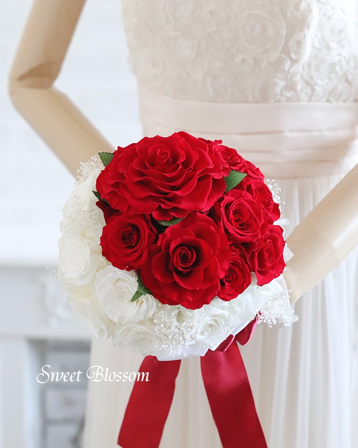 【オーダーメイド】プリザーブドフラワーのメリア入りラウンドブーケ＆ブートニア