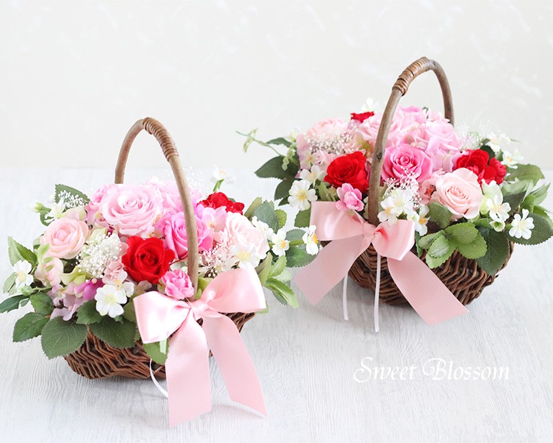 【オーダーメイド】ご両親贈呈用に プリザーブドフラワーバスケットアレンジL 2個セット