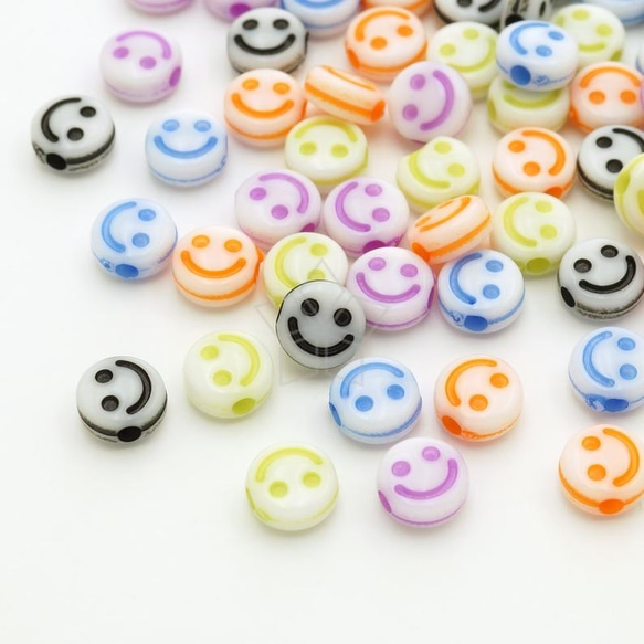 60個入り】アクリルスマイルビーズ、貫通穴あり、 ミックスカラー、DIY