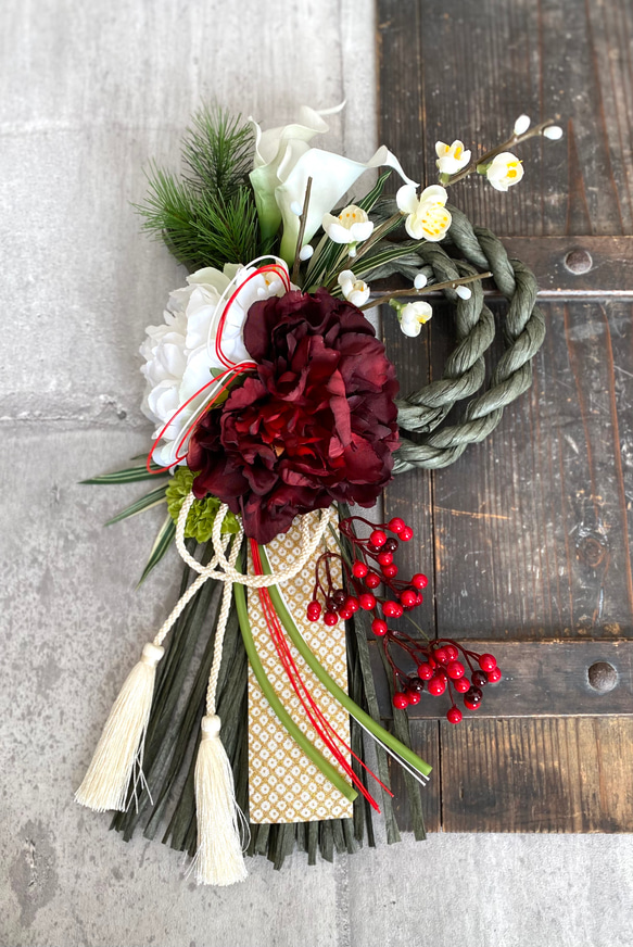 和モダンお正月飾り 二連モスグリーン☆ しめ縄・しめ飾り aki 通販