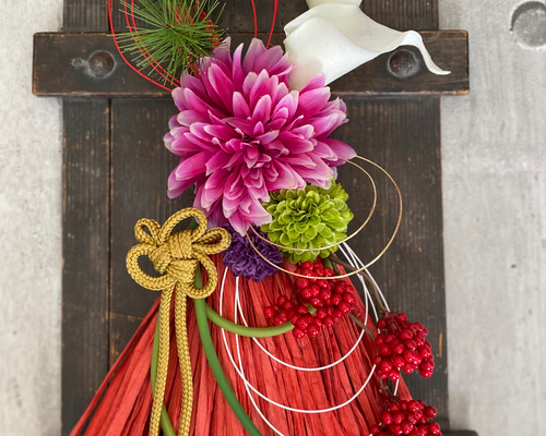 しめ縄　バラレッド　お正月飾り　しめ縄リース　しめ飾り　紅白 56-ny332_1.jpg