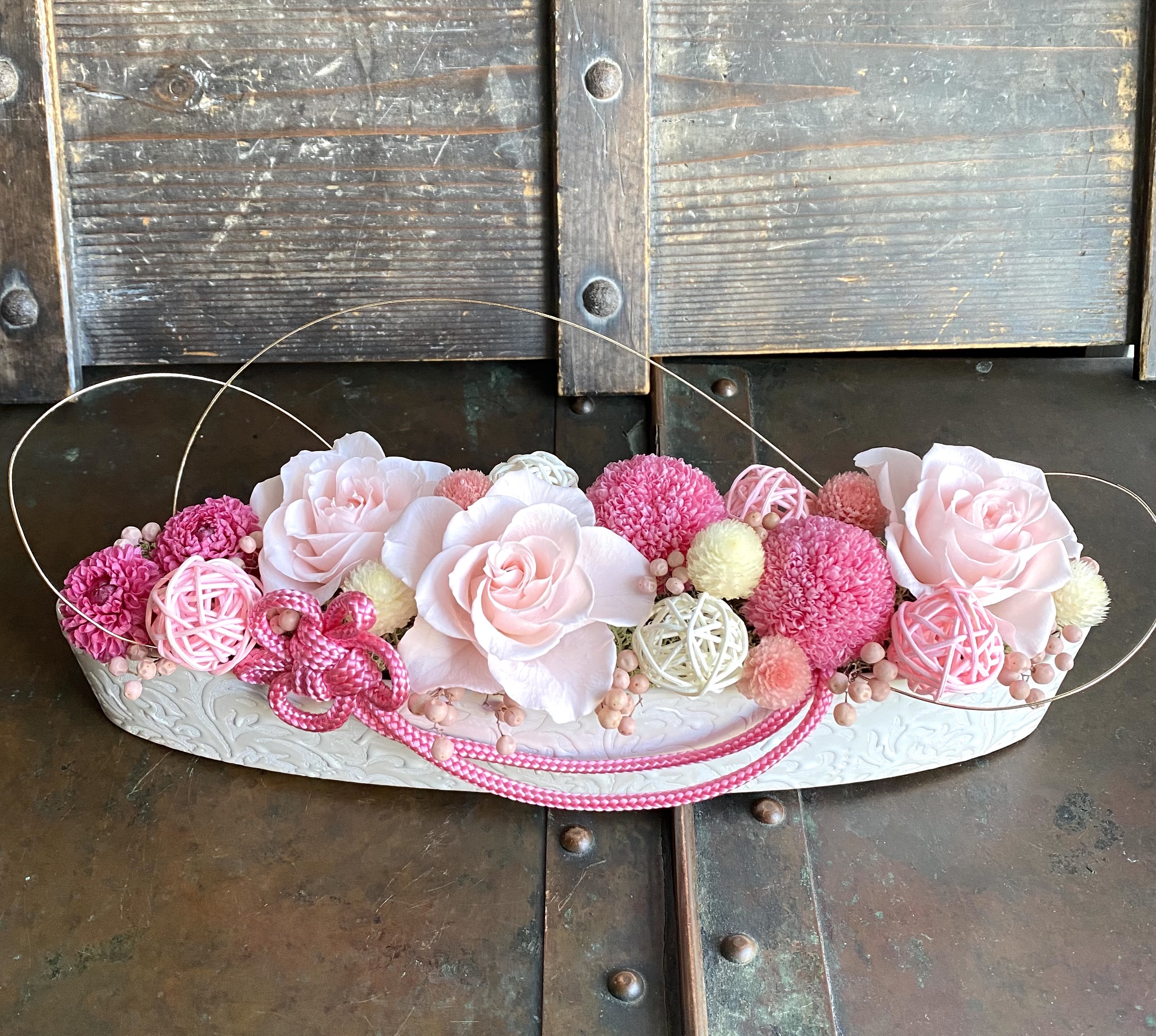 和風プリザーブドフラワー　 ピンクローズ＆ピンポンマム  響花