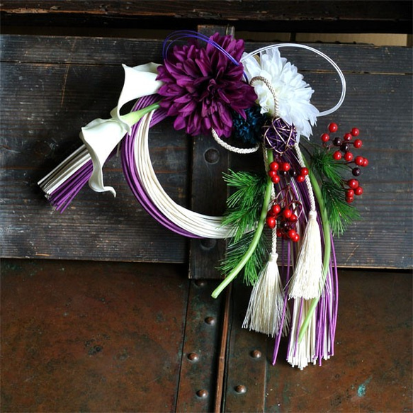 和モダンお正月しめ縄飾り ラタン紫＆白☆響花 1枚目の画像