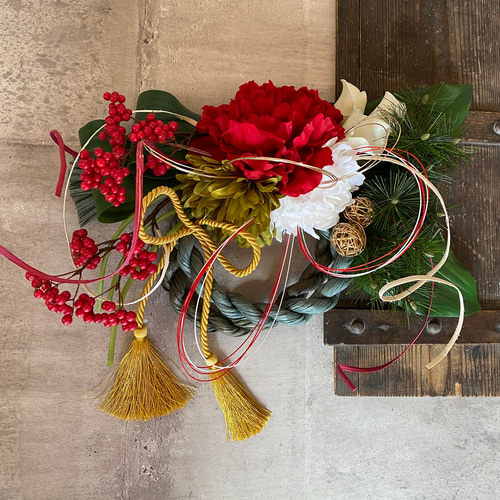 大きな芍薬とお花のしめ縄リース しめ飾り しめ縄リース お正月飾り
