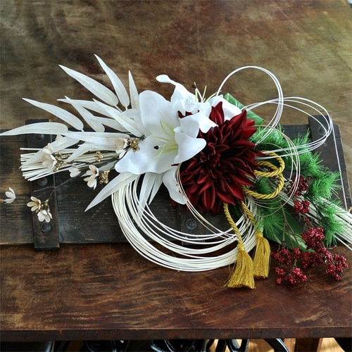 和モダン 紅白しめ縄飾り ラタン白☆大きいサイズ しめ縄・しめ飾り