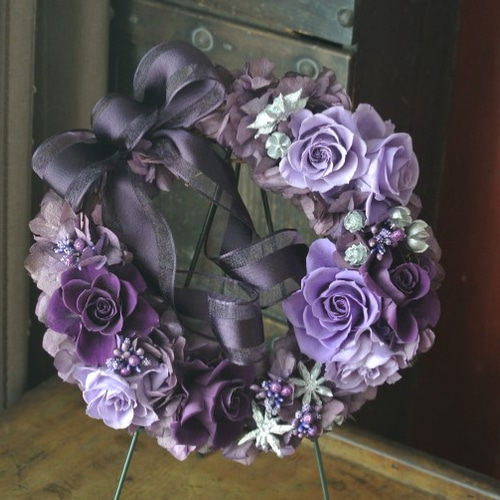 薔薇とパープルリース♡ドライフラワーリース ドライフラワーリース 白
