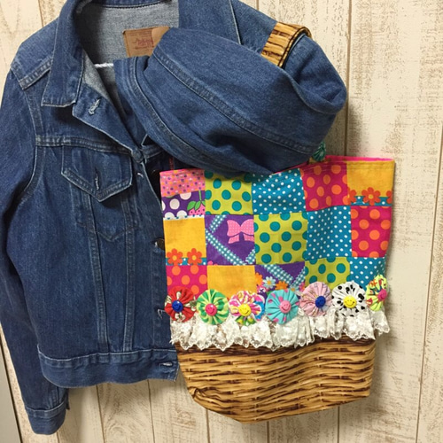 ハンドメイド デニムリメイク バッグ レトロアニマル ヨーヨーキルト 楕円 19 ハンドメイド デニムリメイク バッグ レトロアニマル ヨーヨー