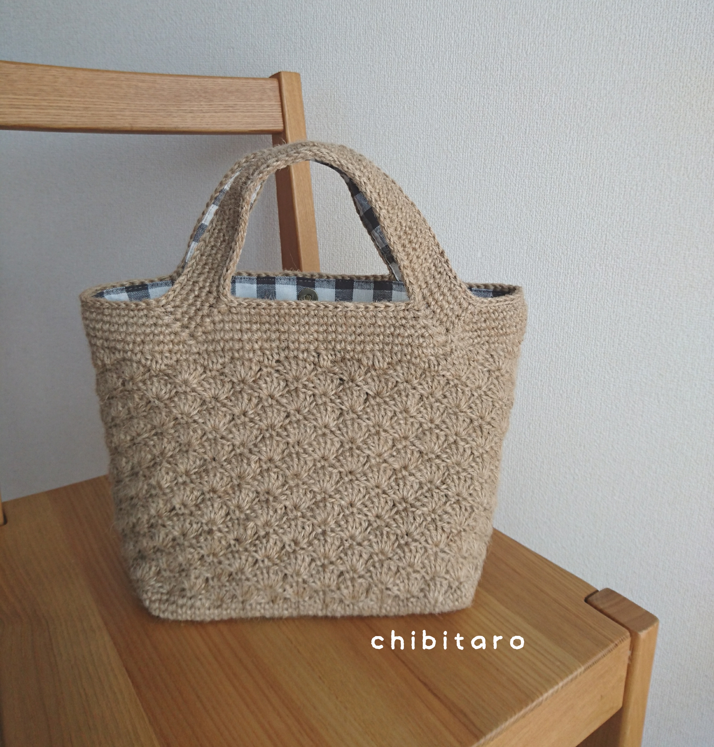 松編み模様の麻ひもデイリーバッグ(コルク&チェック)