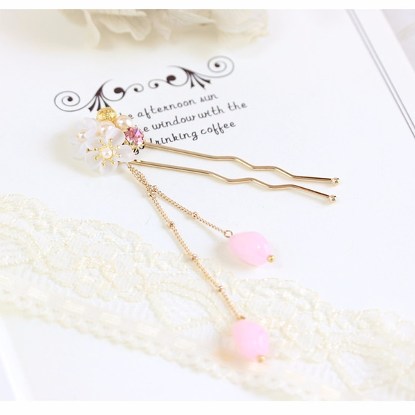 mimi かんざし 受注生産」ドイツ製フラワー＆ライトピンクデザインかんざし