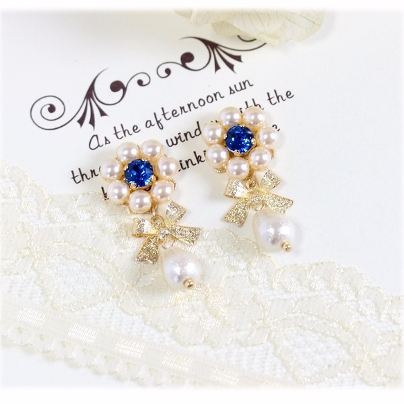 受注生産」カプリブルースワロ＆リボンデザインピアスorイヤリング 