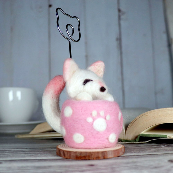 【羊毛氈】萌系動物_粉色咖啡杯裡的狐狸_memo夾_擺飾 第3張的照片