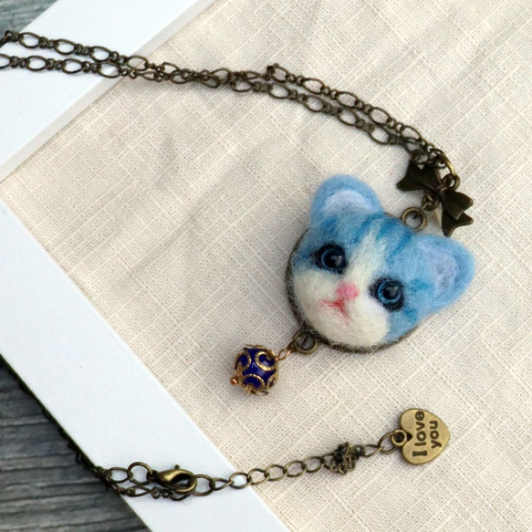 【羊毛氈】藍色貓咪古銅項鍊 第5張的照片