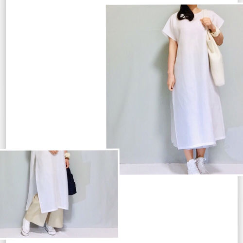 新作」❁リネン100％深い片スリット入りロングワンピ【色