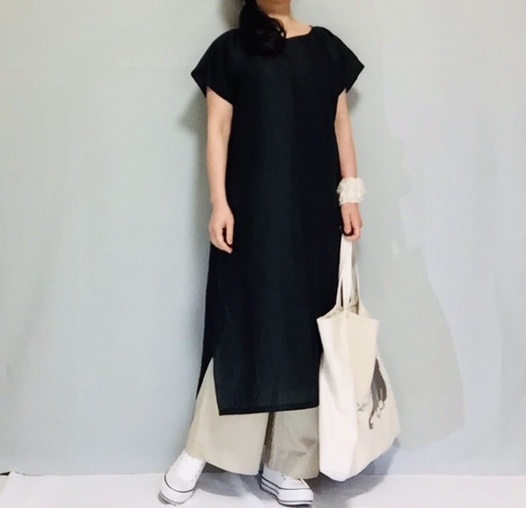 hana様 リネン・ブラック・スリットワンピース　ハンドメイド リネン・ブラック・スリットワンピース ハンドメイド