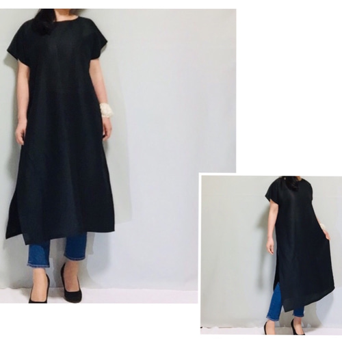 新作」❁リネン100％深い片スリット入りロングワンピ【色