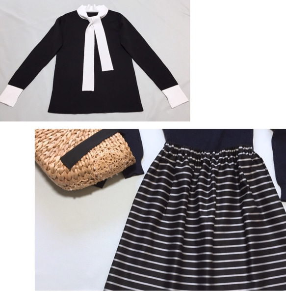 2024新年福袋「Creema Limited」緞帶毛衣➕條紋百褶裙➕共2件SM尺寸超值套裝 第1張的照片